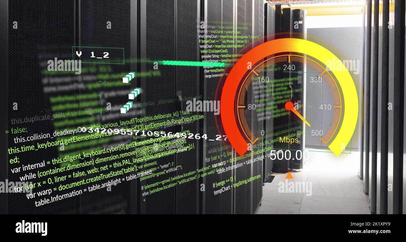 Image of data processing and server room over speedometer Stock Photo