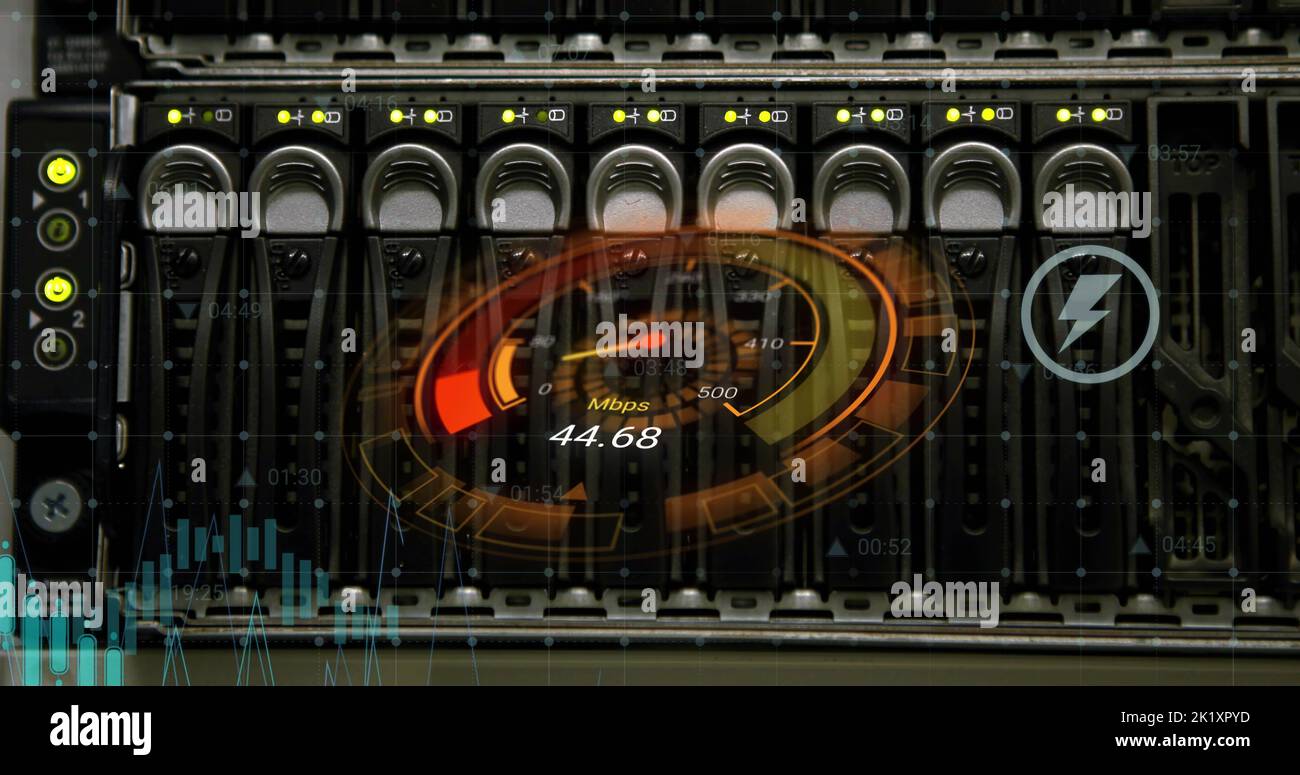 Image of data processing and server room over speedometer Stock Photo