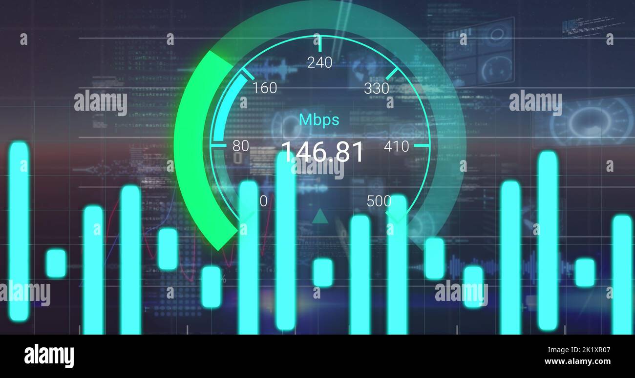 Image of data processing over speedometer Stock Photo
