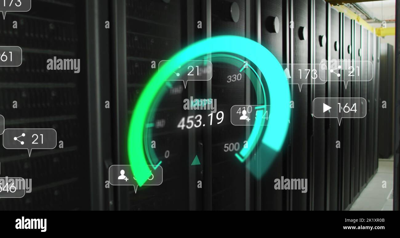 Image of data processing and server room over speedometer Stock Photo