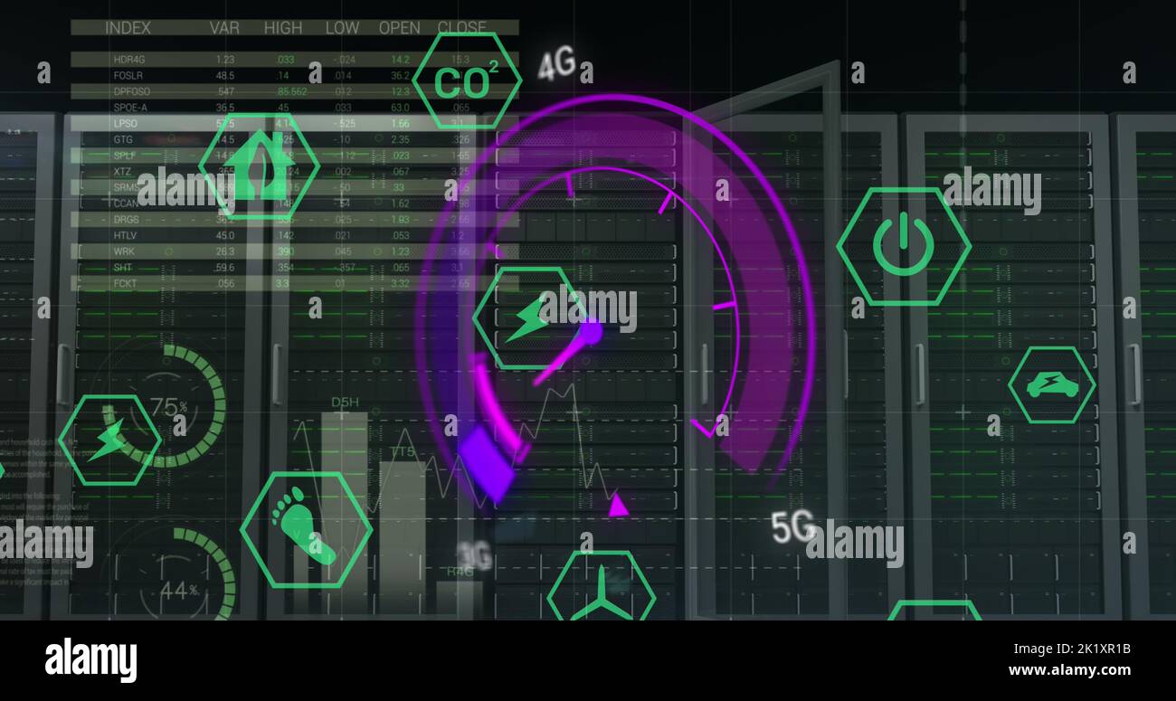 Image of data processing and server room over speedometer Stock Photo