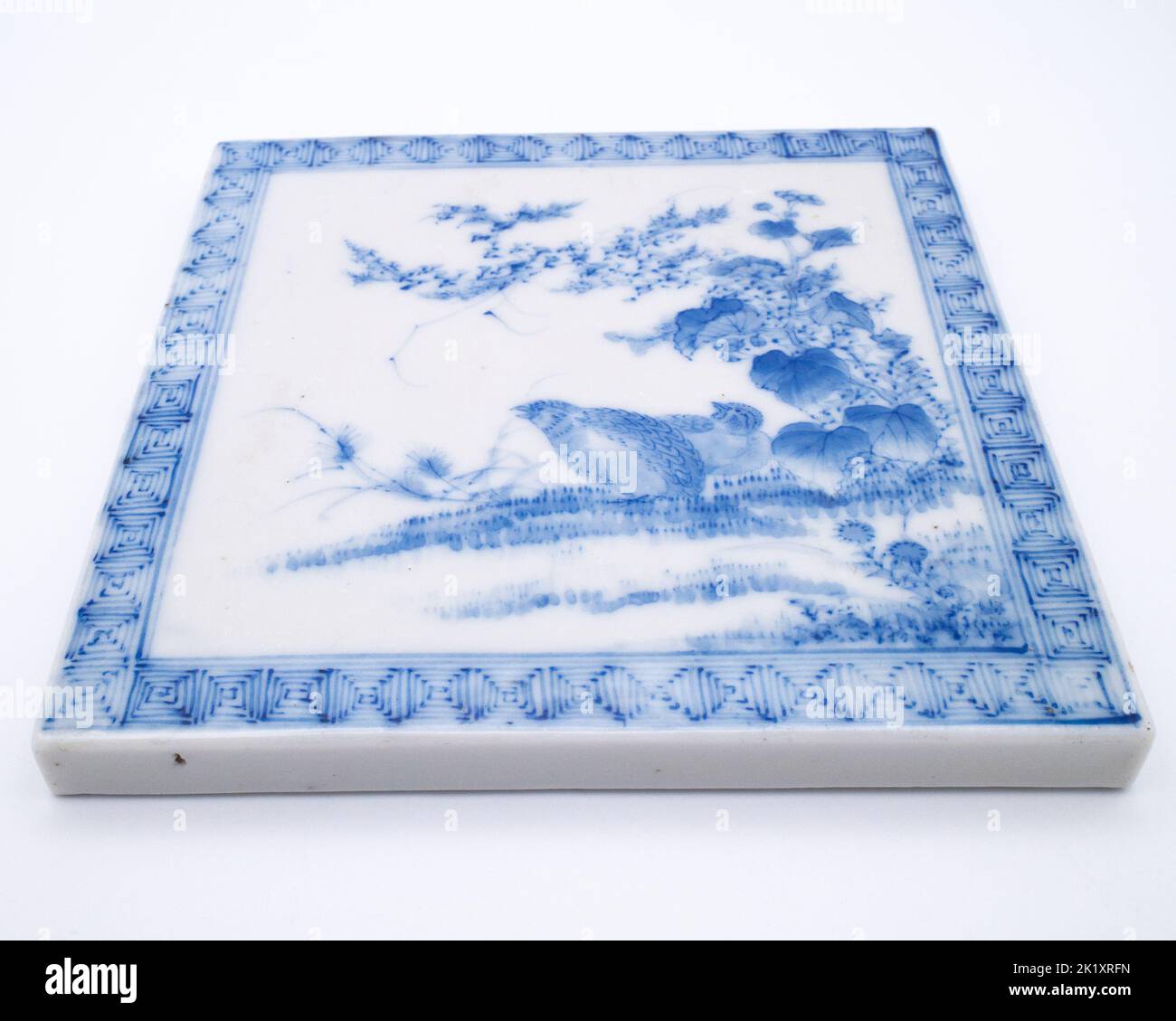 Fine Antique Japanese Seto Blue and White Porcelain Tile With Quails