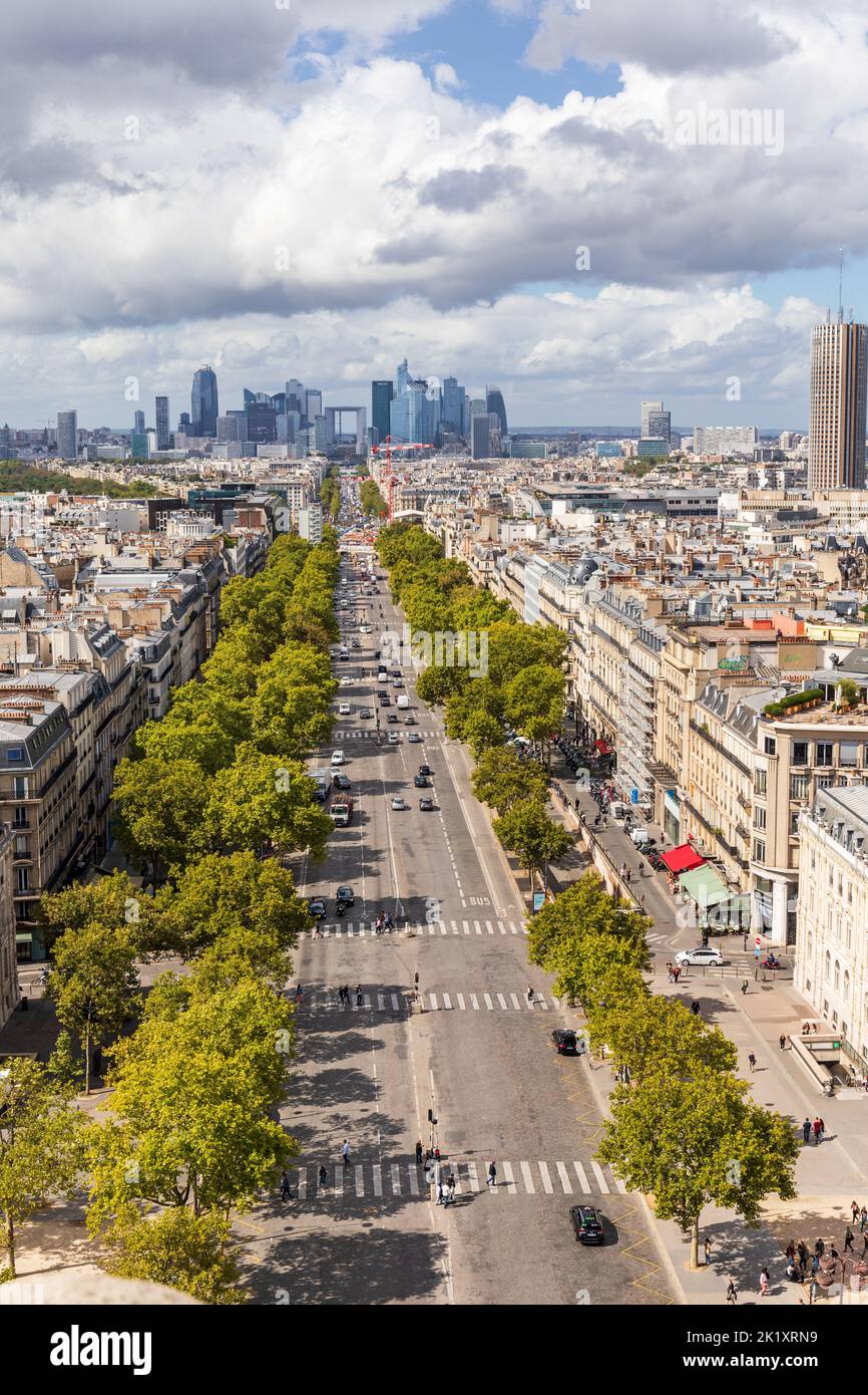 View from the top of the Arc de Triomphe of  Avenue de la Grande Armée with La Défense business district in the background, Paris, France, Europe Stock Photo