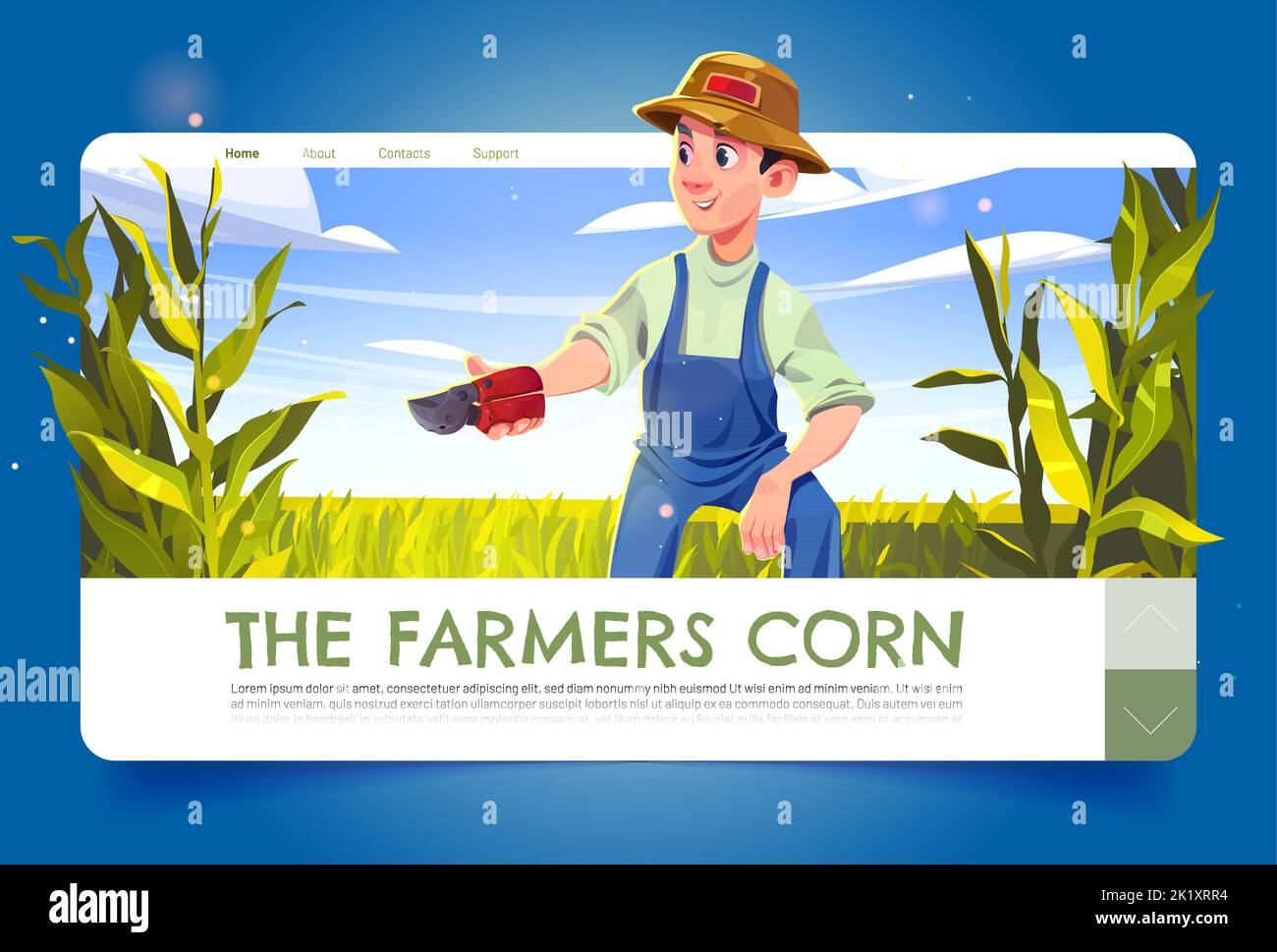 Farmers corn cartoon landing page. Worker with pruner on maize field. Man collect harvest or care of plants on agricultural farm. Food production, vegetable cultivation, agronomy Vector web banner Stock Vector