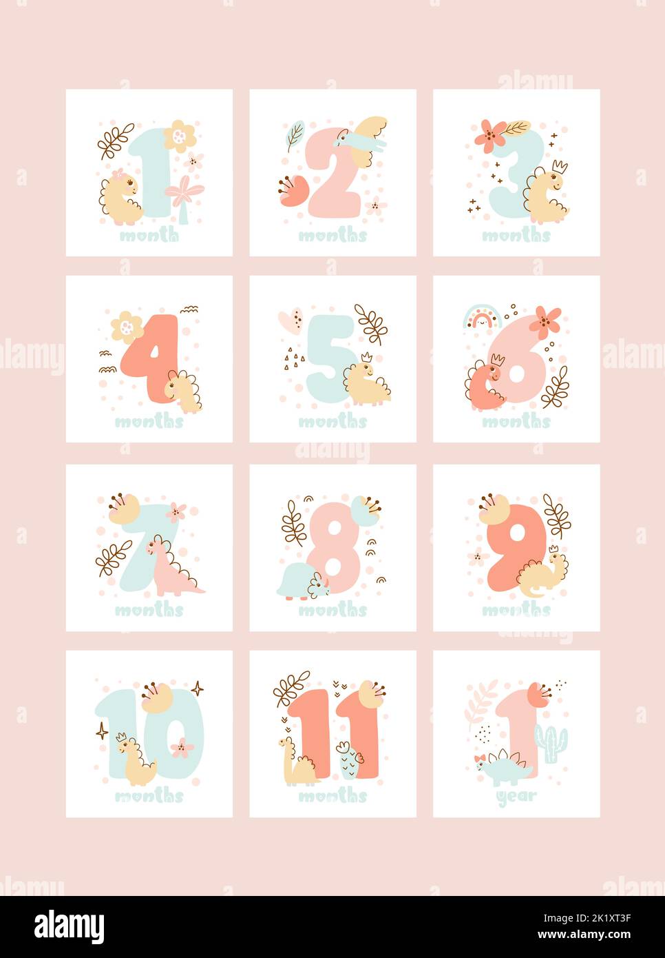 Set of baby milestone cards for newborn girl from one month to one year. Baby shower print with cute animal dino and flowers capturing all special Stock Vector