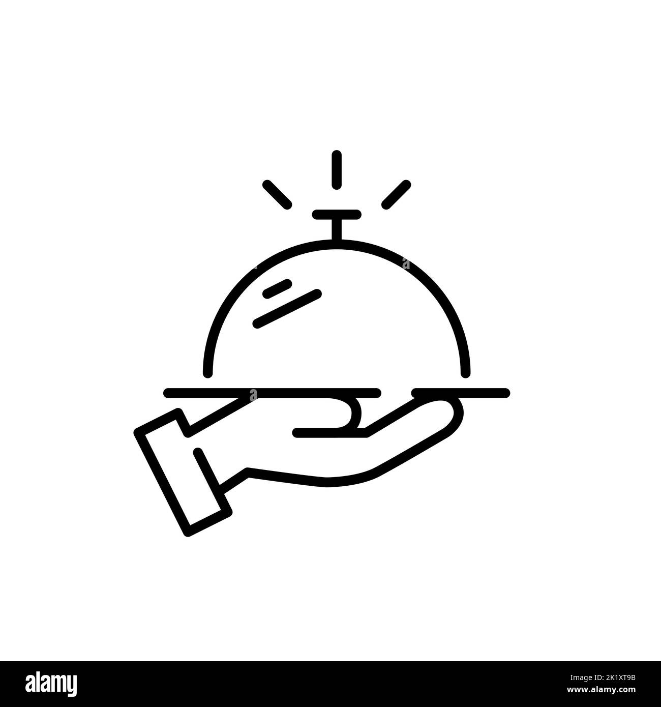 Room service. Hand holding restaurant cloche on a tray. Pixel perfect