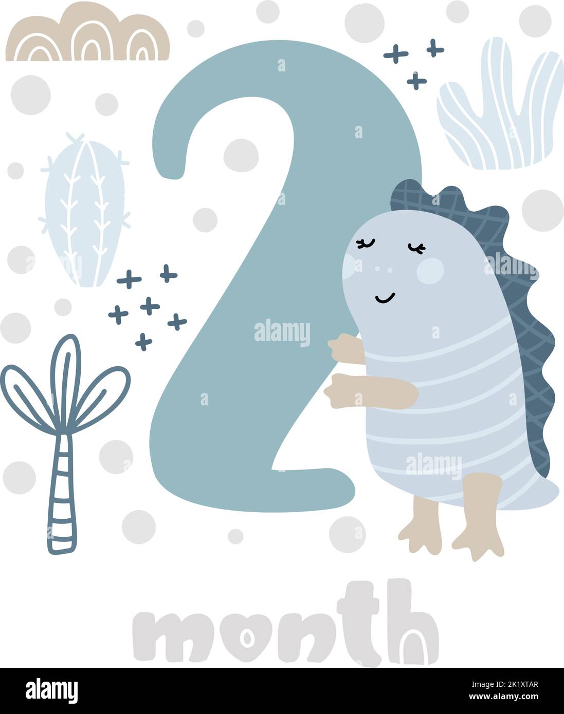 2 two months Baby boy anniversary card metrics. Baby shower print with cute animal dino, flowers and palm capturing all special moments. Baby Stock Vector