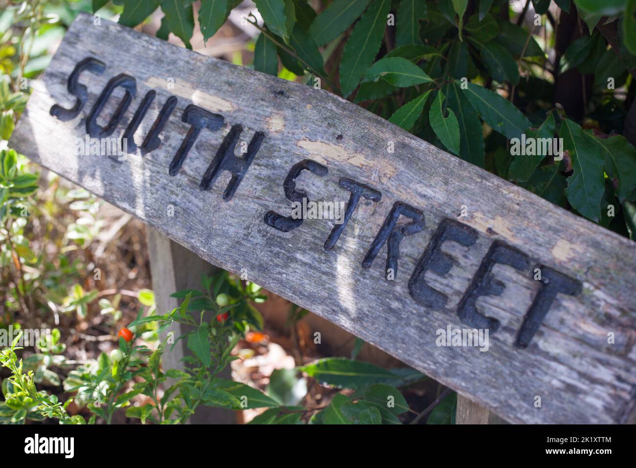 Close-up of Rustic Wooden South Street Sign. Stock Photo