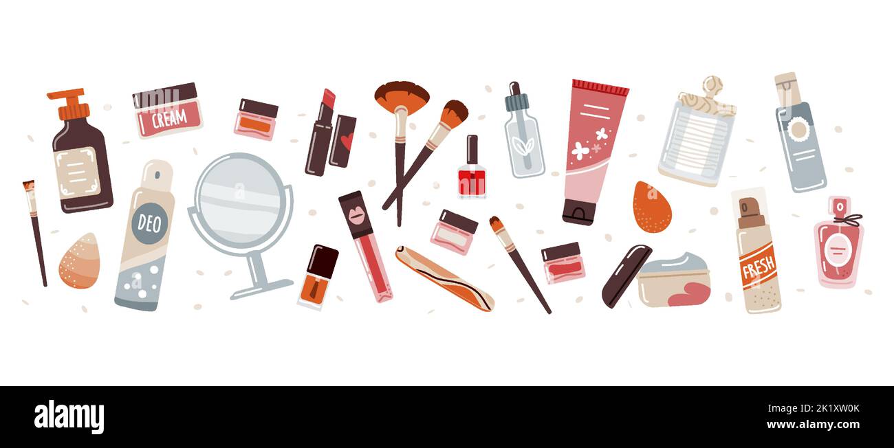 Makeup products and decorative cosmetics on white background.Flat lay vector Stock Vector