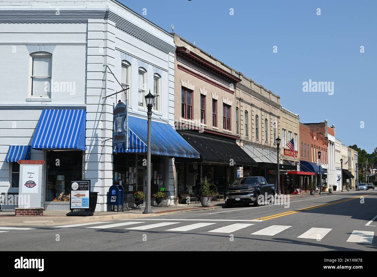 Historic storefronts along the main business district in the small town of Hertford, North Carolina. Stock Photo