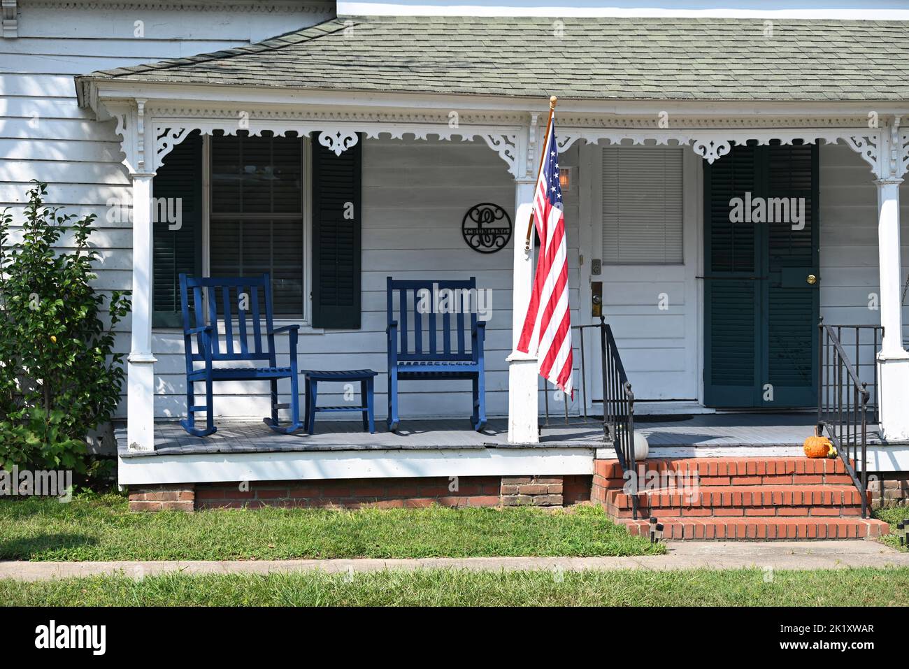 Quaint front porch to a historic home in the small town of Hertford, North Carolina. Stock Photo