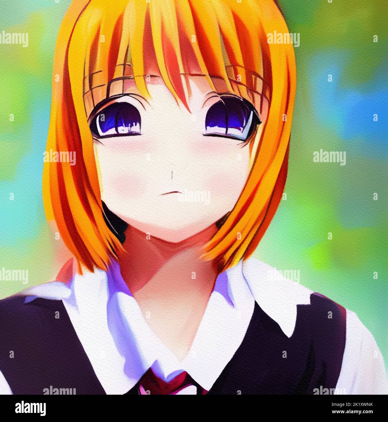 Cute anime schoolgirl portrait cartoon oil painting. Japanese girl ...