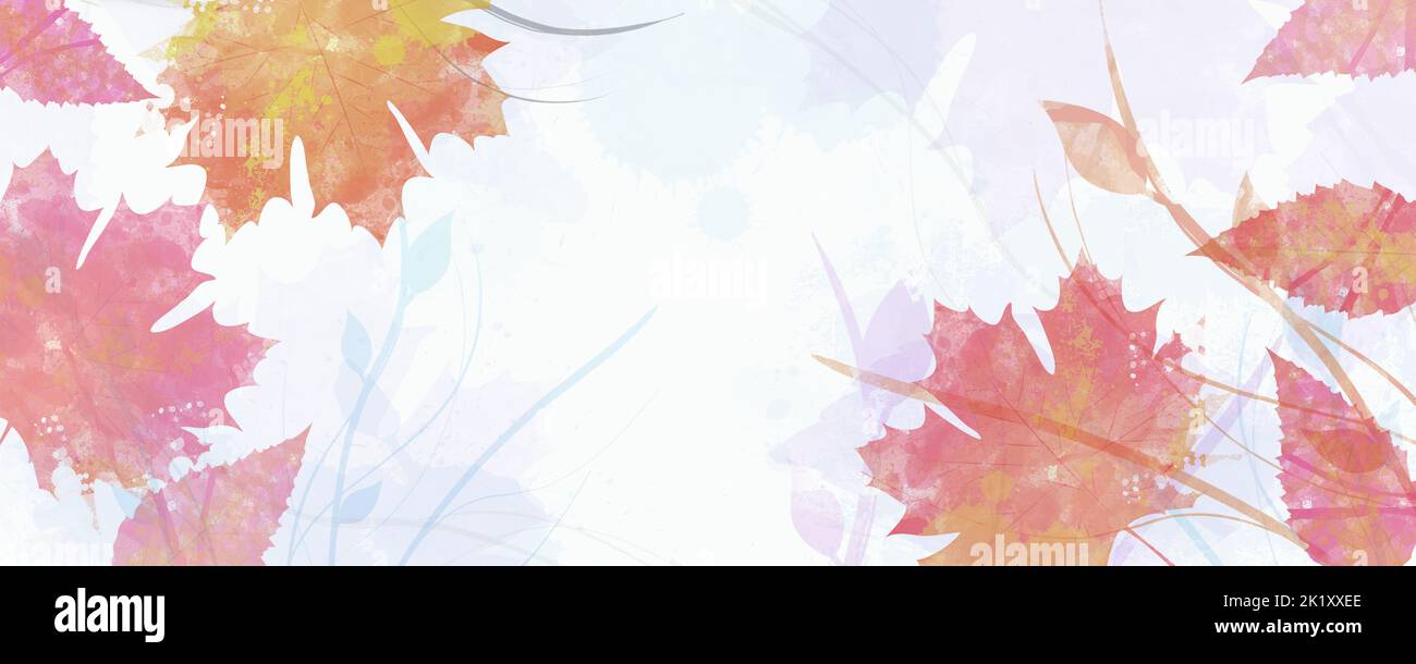 autumn floral watercolor banner with pastel colors of falling leaves Stock Photo