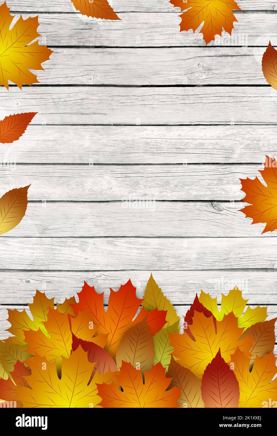 autumn golden yellow leaves on the white wood banner decoration Stock Photo