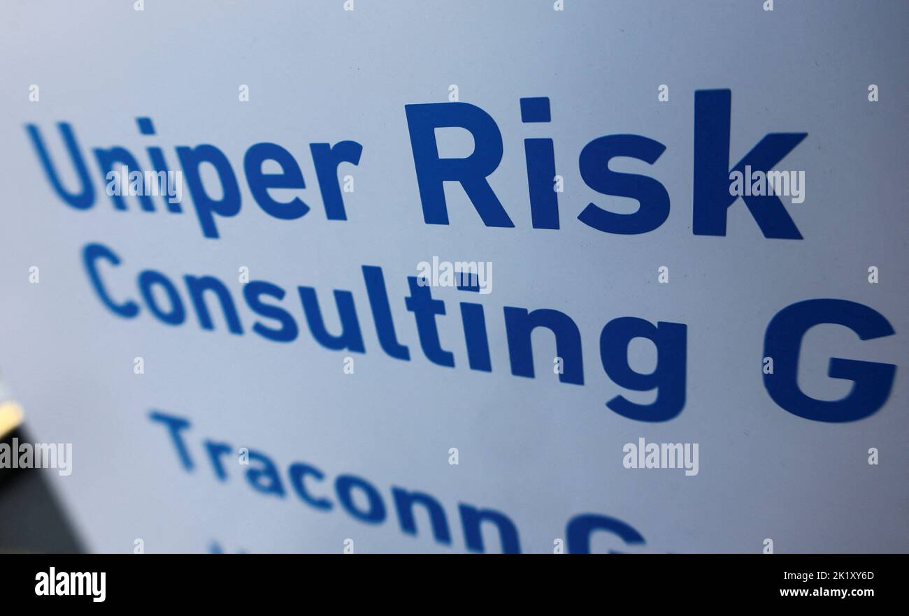 A sign is pictured at Uniper's headquarters, as Germany agreed to nationalize Uniper by buying Fortum's stake in the gas importer to secure operations and keep its business going, in Duesseldorf, Germany, September 21, 2022. REUTERS/Wolfgang Rattay Stock Photo