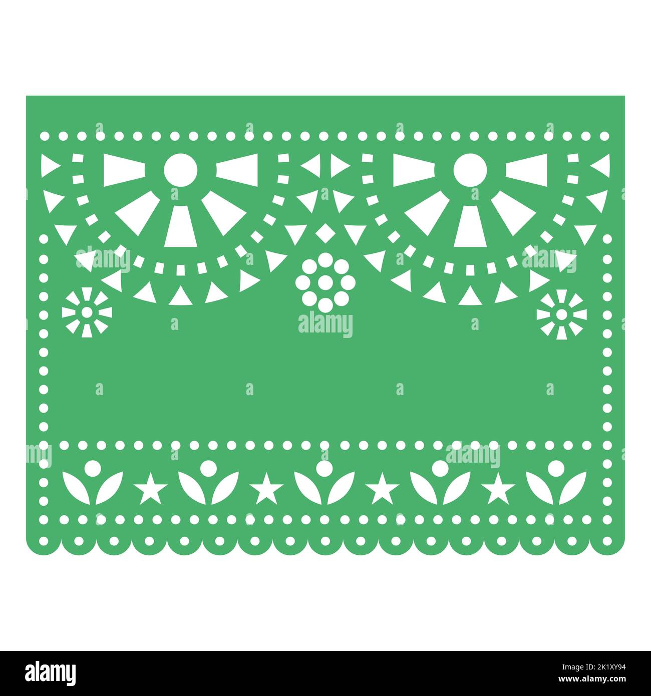 Papel Picado vector blank template Mexican design, floral green round pattern with flowers inspired by paper cutout decorations Stock Vector