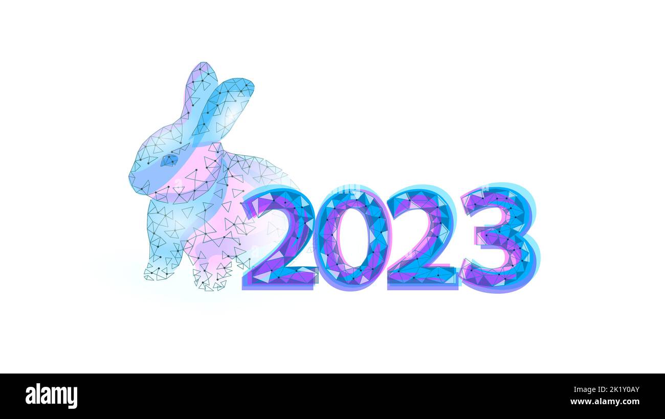 3D rabbit 2023 zodiac year sign concept. Chinese New Year holiday card. Low poly hare blue element background vector illustration Stock Vector