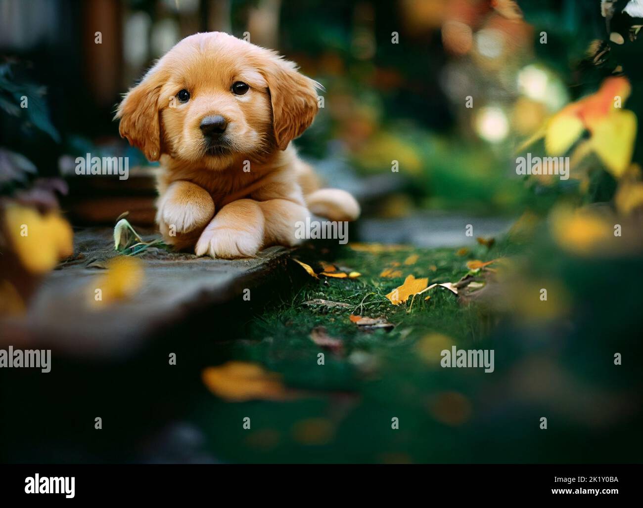 A golden retriever puppy in the garden Stock Photo