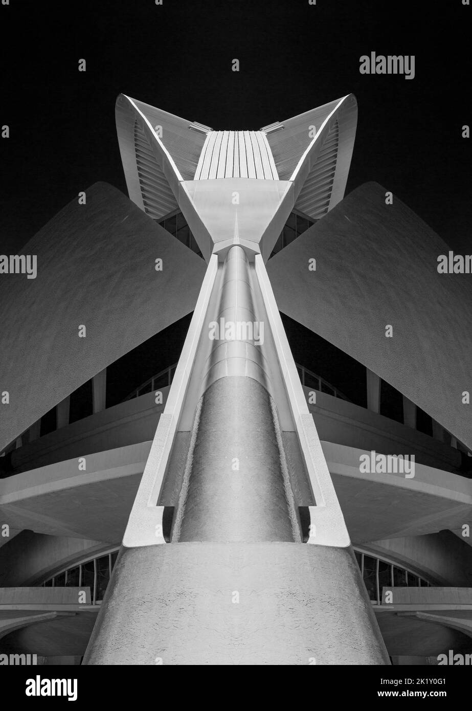 detail of the El Palau de les Arts Reina Sofia, Opera House, at City of Arts and Sciences in Valencia, Spain at dusk in September - black and white Stock Photo