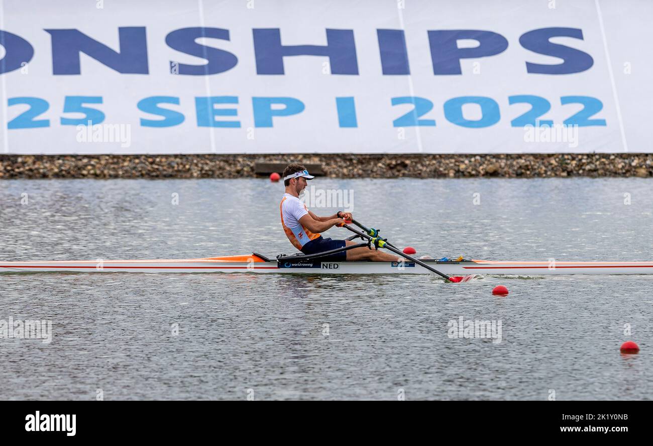Racice, Czech Republic. 21st Sep, 2022. Melvin Twellaar of Netherlands competing during Day 4 of the 2022 World Rowing Championships at the Labe Arena Racice on September 21, 2022 in Racice, Czech Republic. Credit: Ondrej Hajek/CTK Photo/Alamy Live News Stock Photo