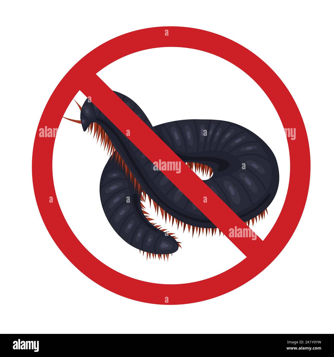 Scolopendra in sign of prohibition. Vector forbidden sign with a spooky insect. Centipede bite danger. Do not touch rare animals. Do not bring dangero Stock Vector