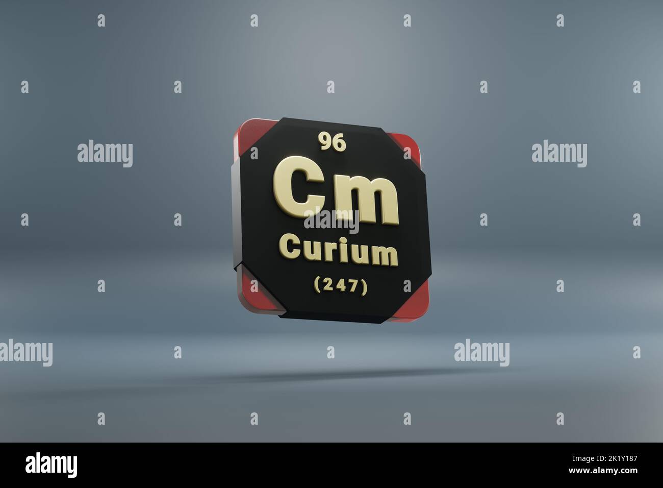 Beautiful abstract illustrations Standing black and red Curium element of the periodic table. Modern design with golden elements, 3d rendering illustr Stock Photo