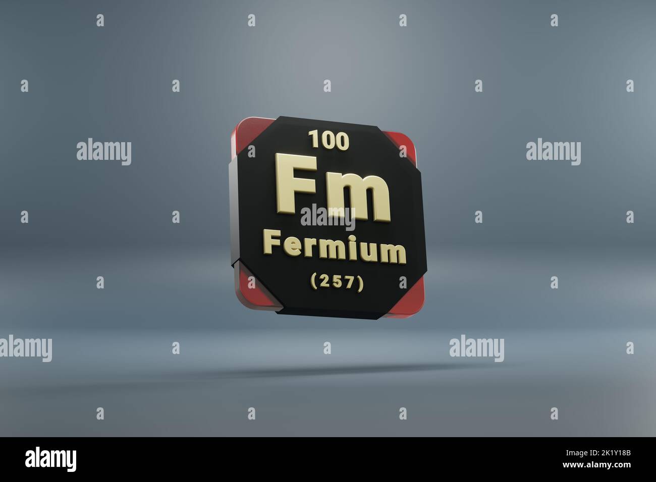 Beautiful abstract illustrations Standing black and red Fermium  element of the periodic table. Modern design with golden elements, 3d rendering illus Stock Photo