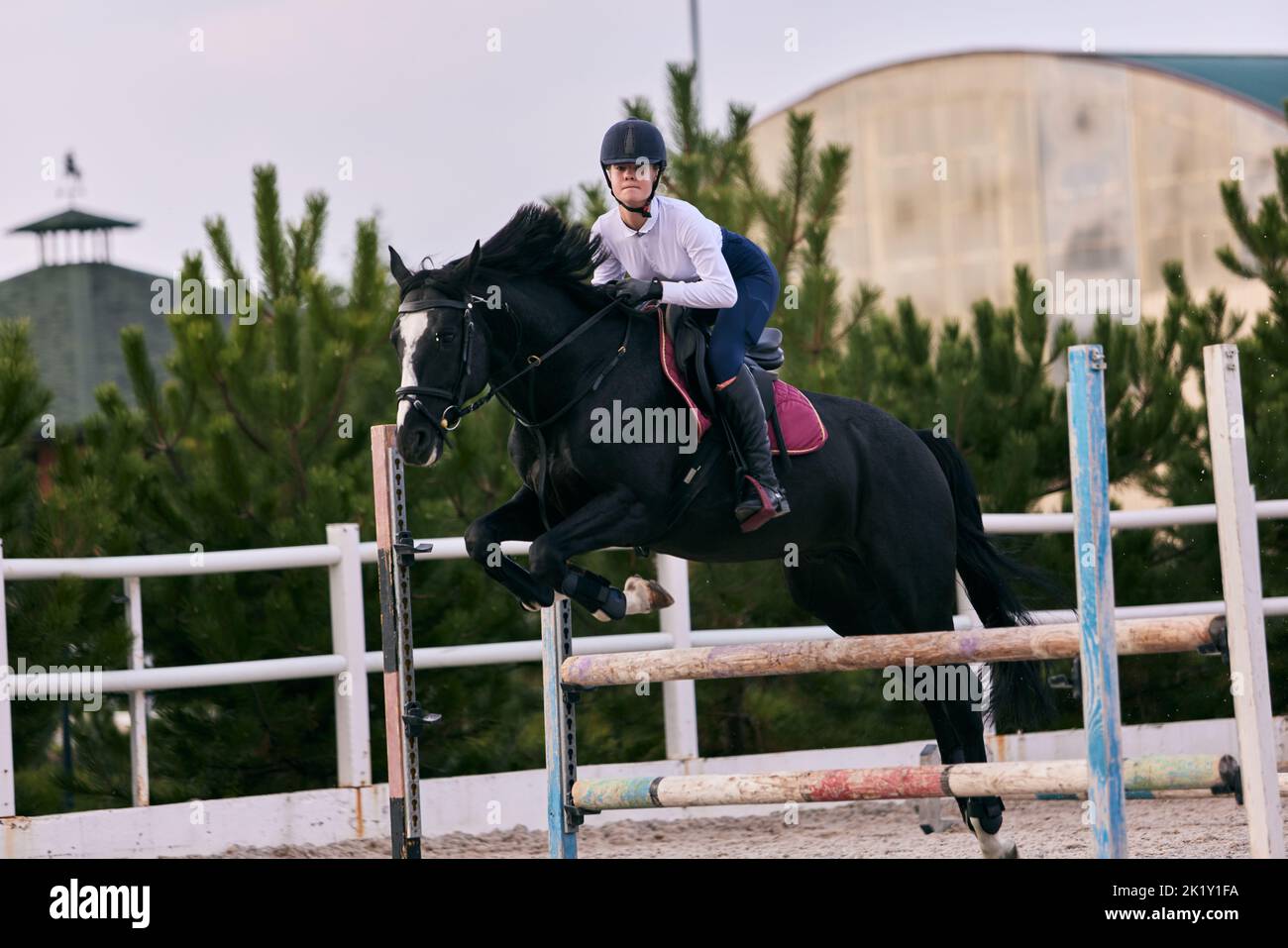 Jump over barrier. Young sportive girl, teen training at riding arena in summer day, outdoors. Dressage of horses. Horseback riding. Model in sports Stock Photo