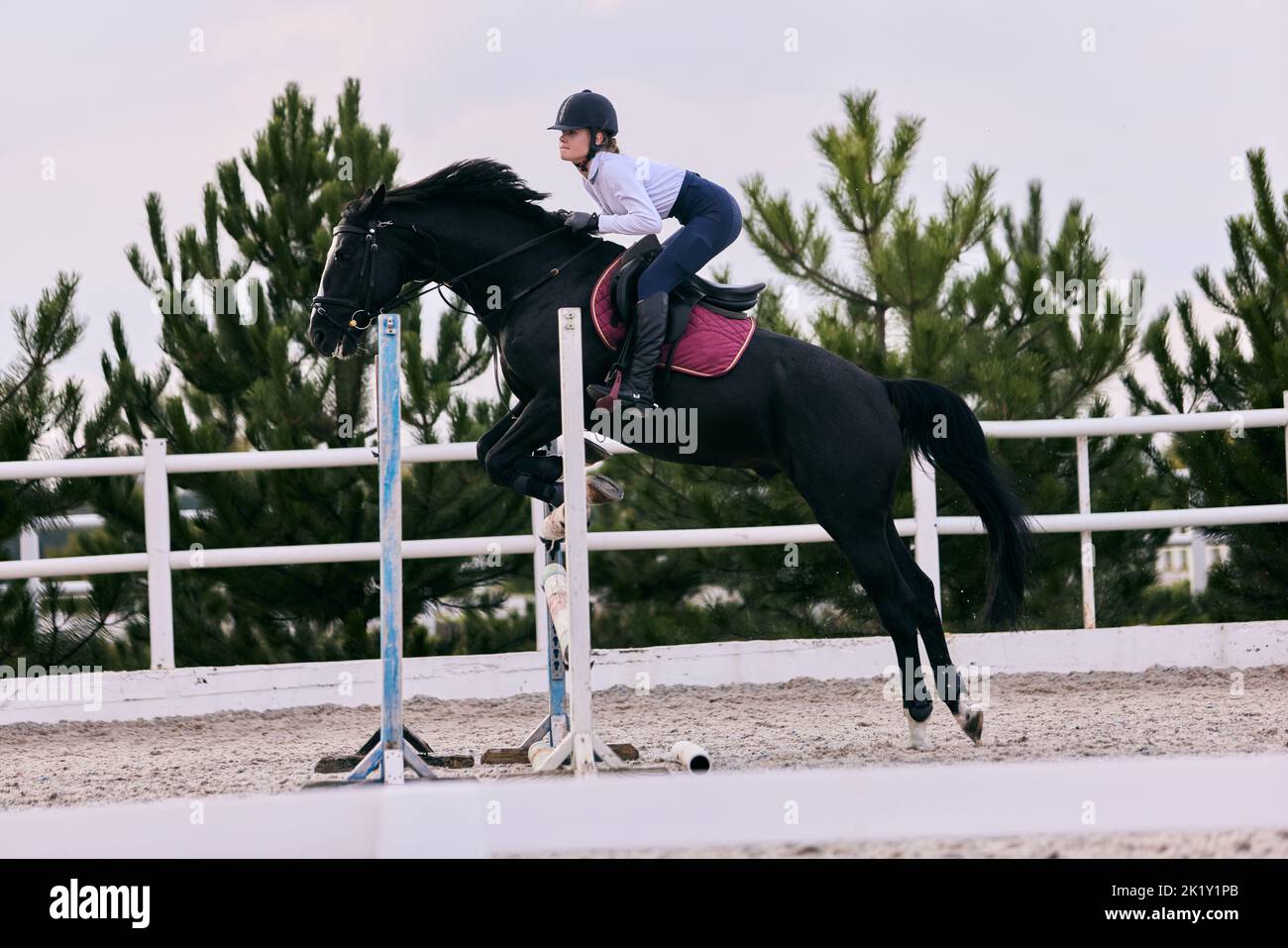 Jump over barrier. Young sportive girl, teen training at riding arena in summer day, outdoors. Dressage of horses. Horseback riding. Model in sports Stock Photo