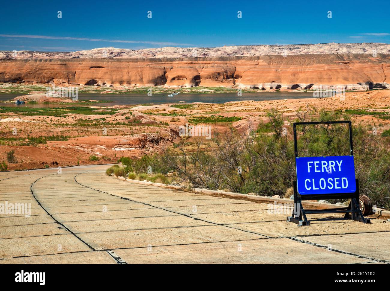 Closed ferry ramp, due to low water level, Bullfrog Bay at Lake Powell, on Colorado River, Bullfrog, Glen Canyon National Recreation Area, Utah, USA Stock Photo