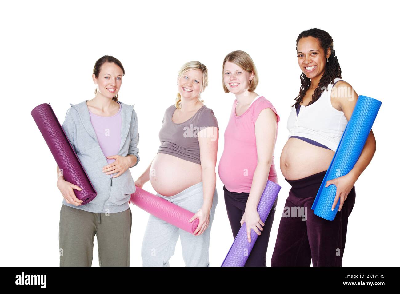 Pregnancy yoga boosts their wellbeing. Pregnant friends standing