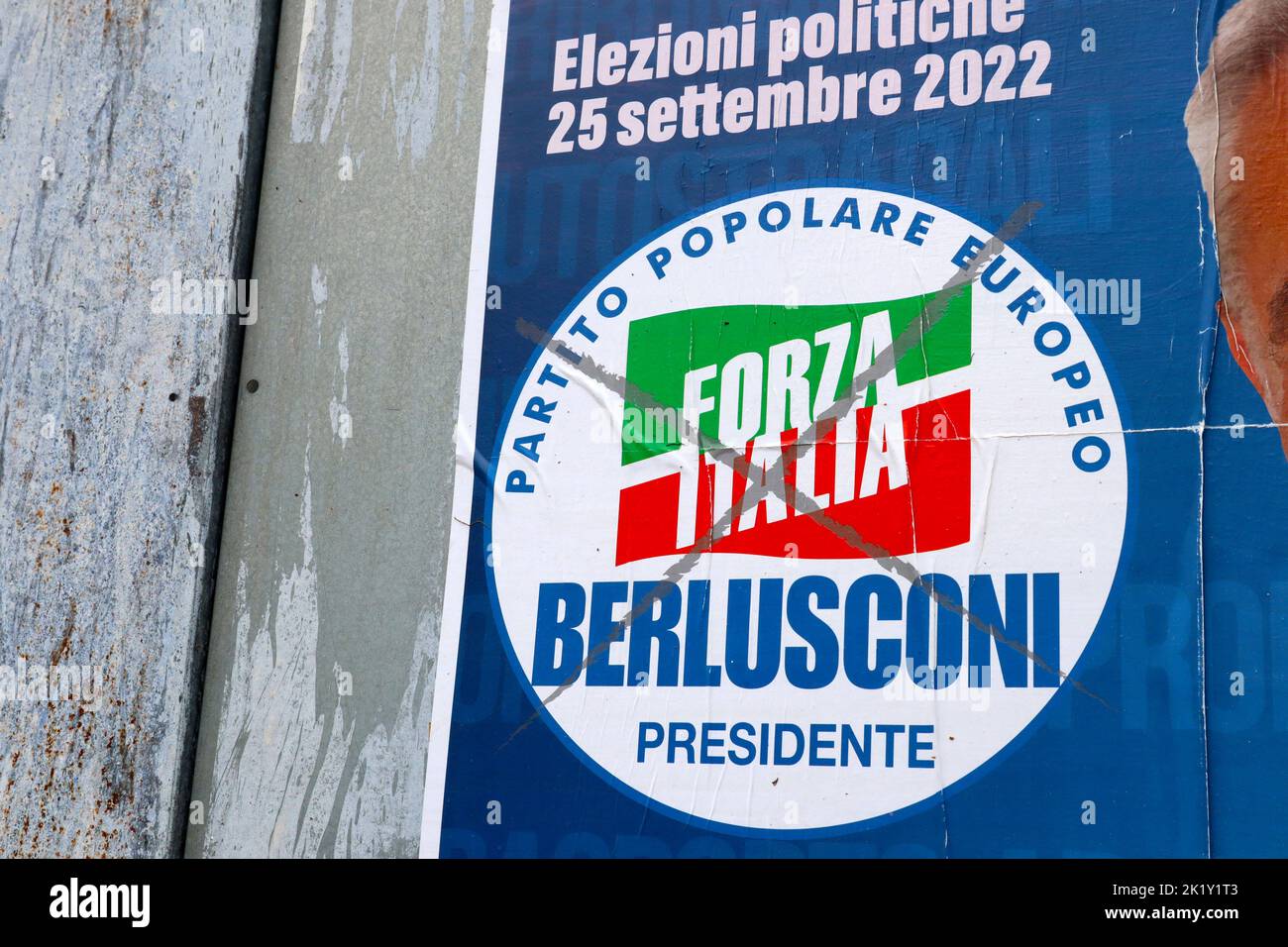 Detail of Italian Election wall poster with symbol of FORZA ITALIA Berlusconi for general election in Italy of September 25, 2022 Stock Photo