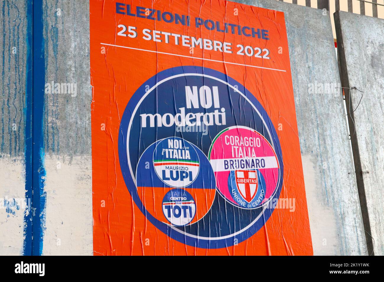 Italian Election wall poster with symbol of NOI MODERATI with Maurizio Lupi, Toti and Brugnaro for general election in Italy of September 25, 2022 Stock Photo
