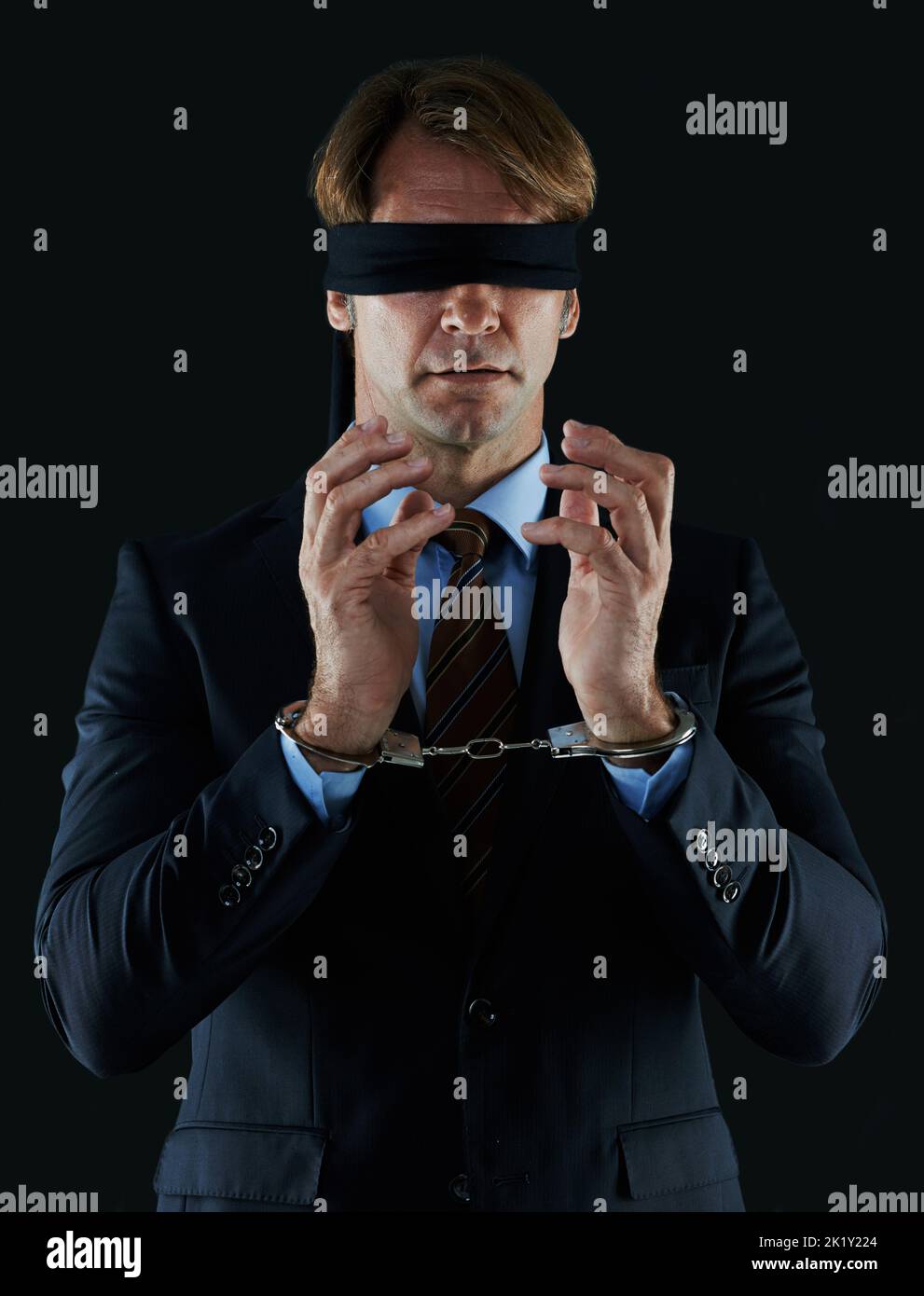 Blindfolded man point at screen Royalty Free Vector Image