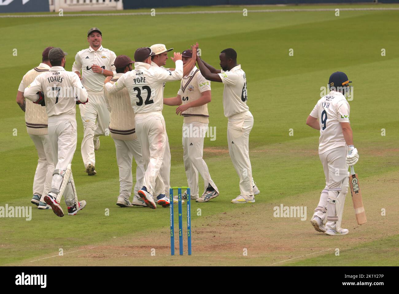 21 September, 2022. London, UK. Yorkshire’s Adam Lyth caught Ryan Patel bowled Kemar Roach as Surrey take on Yorkshire in the County Championship at the Kia Oval, day two. David Rowe/Alamy Live News Stock Photo