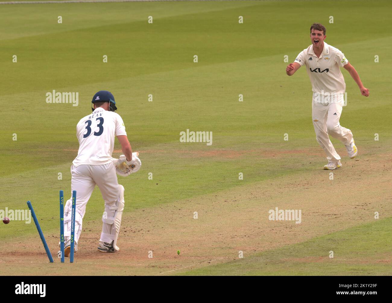 21 September, 2022. London, UK. Yorkshire’s Finlay Bean bowled by Surrey’s Tom Lawes as Surrey take on Yorkshire in the County Championship at the Kia Oval, day two. David Rowe/Alamy Live News Stock Photo