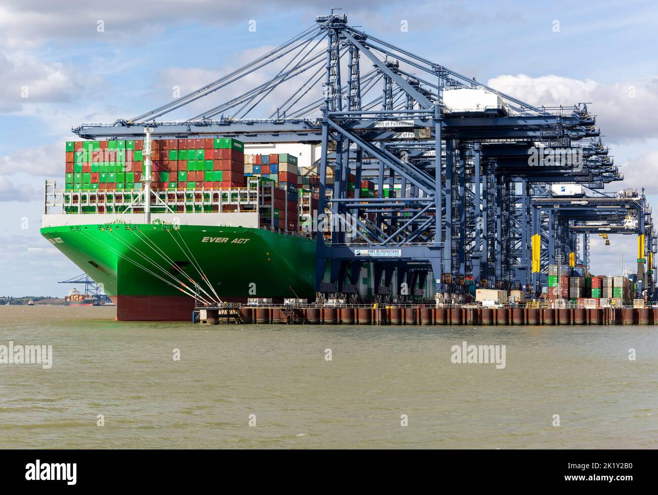 Evergreen Ever Act container ship gantry cranes on quayside, Port of Felixstowe, Suffolk, England, UK Stock Photo