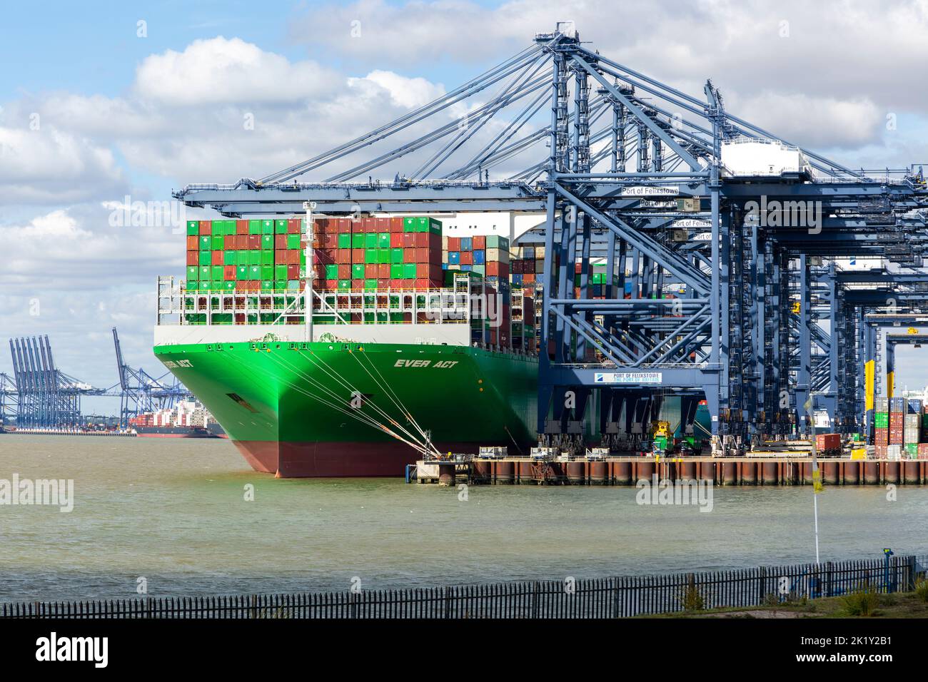 Evergreen Ever Act container ship gantry cranes on quayside, Port of Felixstowe, Suffolk, England, UK Stock Photo