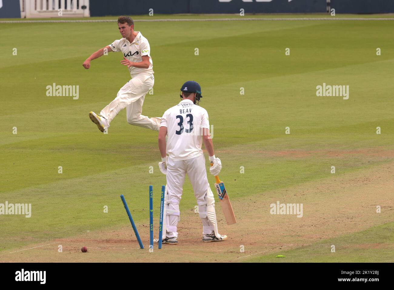 21 September, 2022. London, UK. Yorkshire’s Finlay Bean bowled by Surrey’s Tom Lawes as Surrey take on Yorkshire in the County Championship at the Kia Oval, day two. David Rowe/Alamy Live News Stock Photo