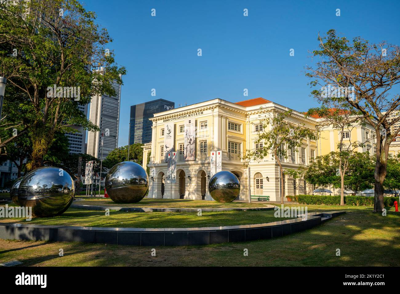 Mirror Balls art installation in the Asian Civilisations Museum Green on bank of Singapore River. Singapore Stock Photo