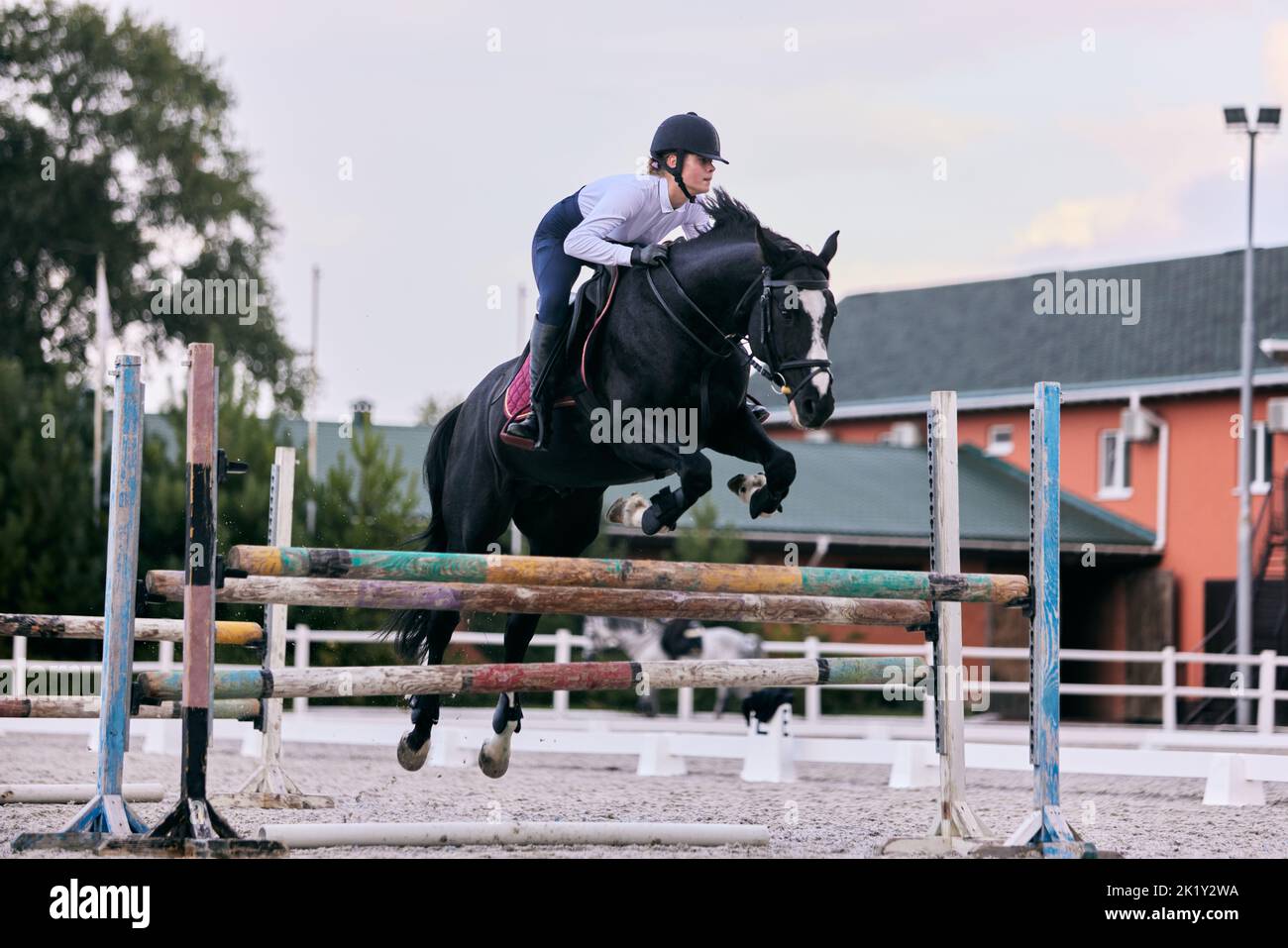 Jump over barrier. Young sportive girl, teen training at riding arena in summer day, outdoors. Dressage of horses. Horseback riding. Model in sports Stock Photo