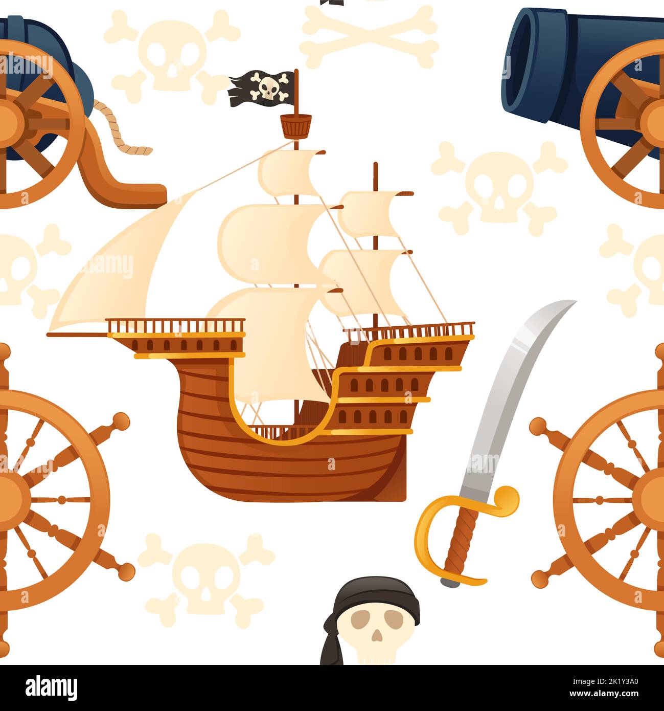 Seamless pattern of pirate theme with ship skull and weapon vector ...