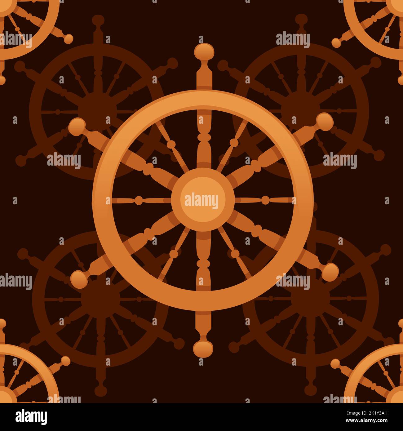 Seamless pattern Wooden ship helm vector illustration on brown background Stock Vector