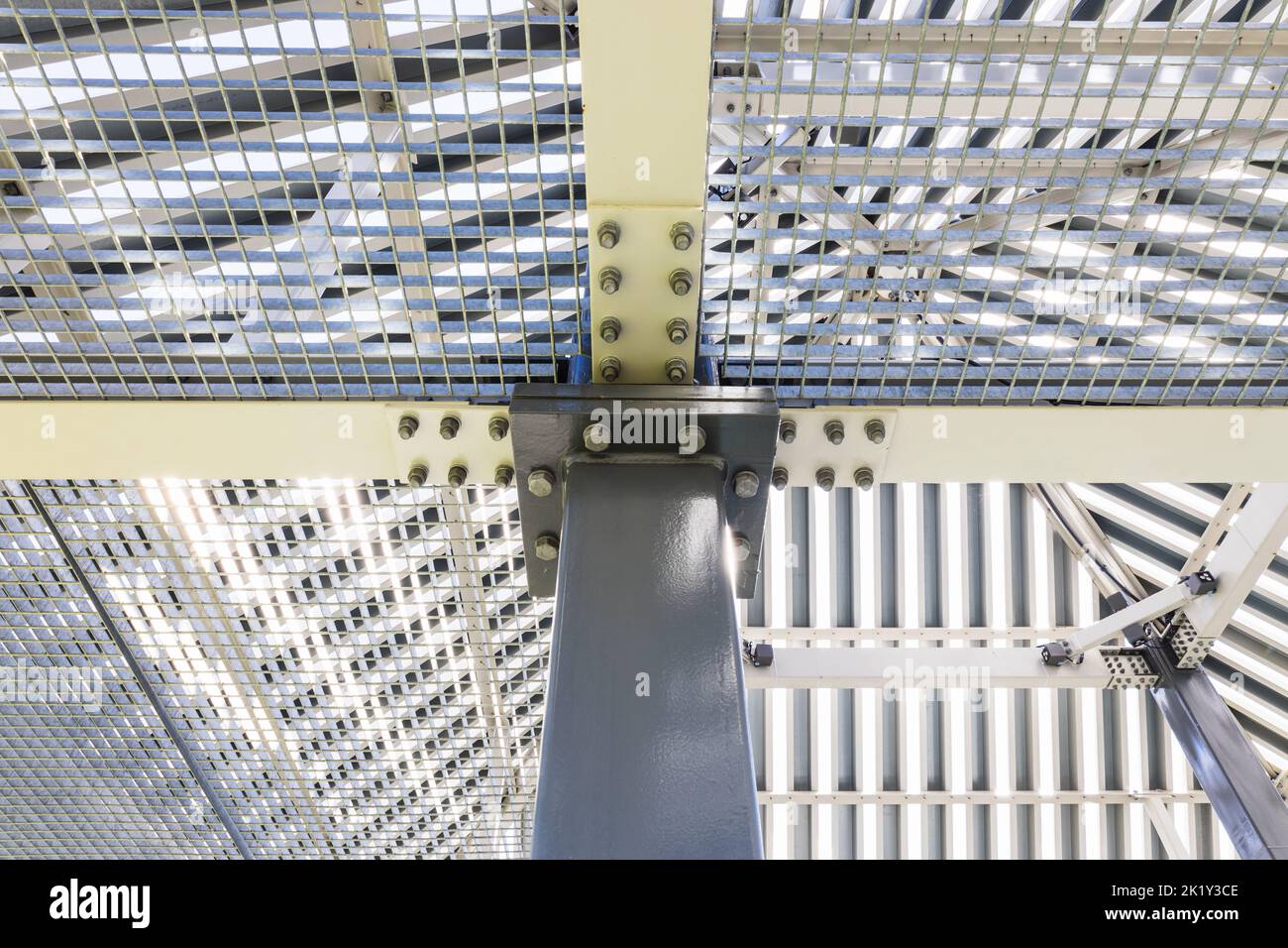 Massive industrial steel construction with bolts connecting steel beams