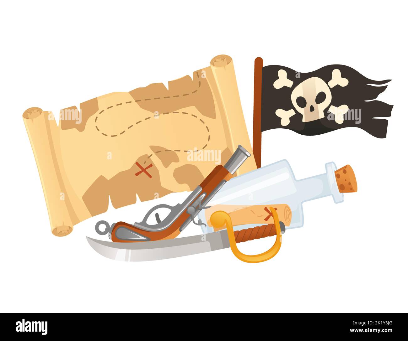 Illustration of pirate theme with treasure map flag and weapons vector illustration isolated on white background Stock Vector