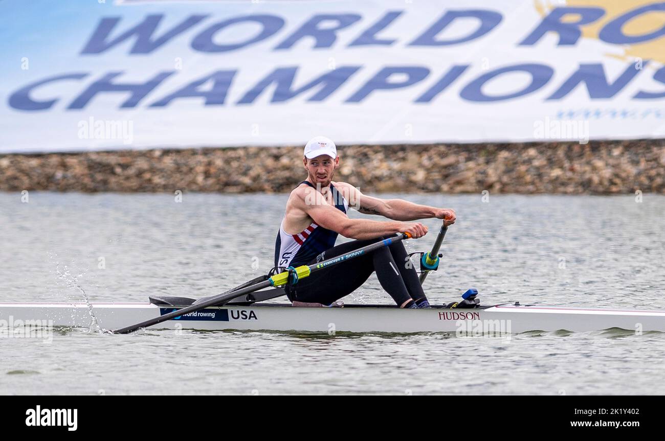 Racice, Czech Republic. 21st Sep, 2022. Benjamin Davison of USA competing during Day 4 of the 2022 World Rowing Championships at the Labe Arena Racice on September 21, 2022 in Racice, Czech Republic. Credit: Ondrej Hajek/CTK Photo/Alamy Live News Stock Photo