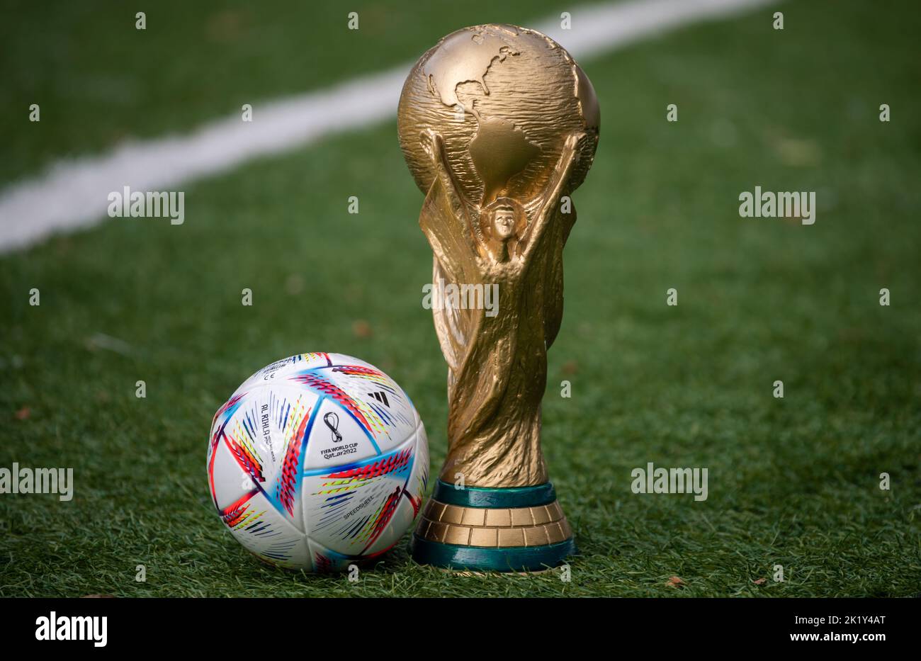 September 3, 2022, Doha, Qatar. FIFA World Cup and official Adidas Al Rihla  ball on the green lawn of the stadium Stock Photo - Alamy