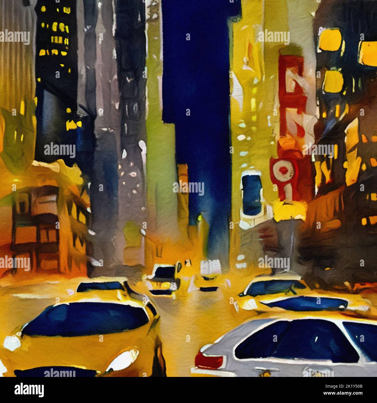 Watercolor hand drawn illustration of street view in New York at night