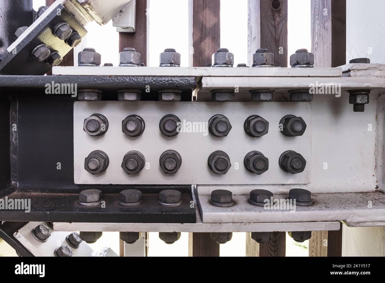 Bolted connection of steel beams. Massive metal construction Stock Photo