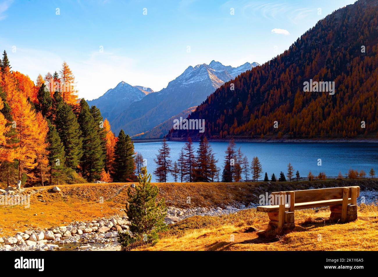 Bench in picturesque place by the lake to enjoy mountains view, autumn golden forest, spruces and rocky peaks in background Stock Photo
